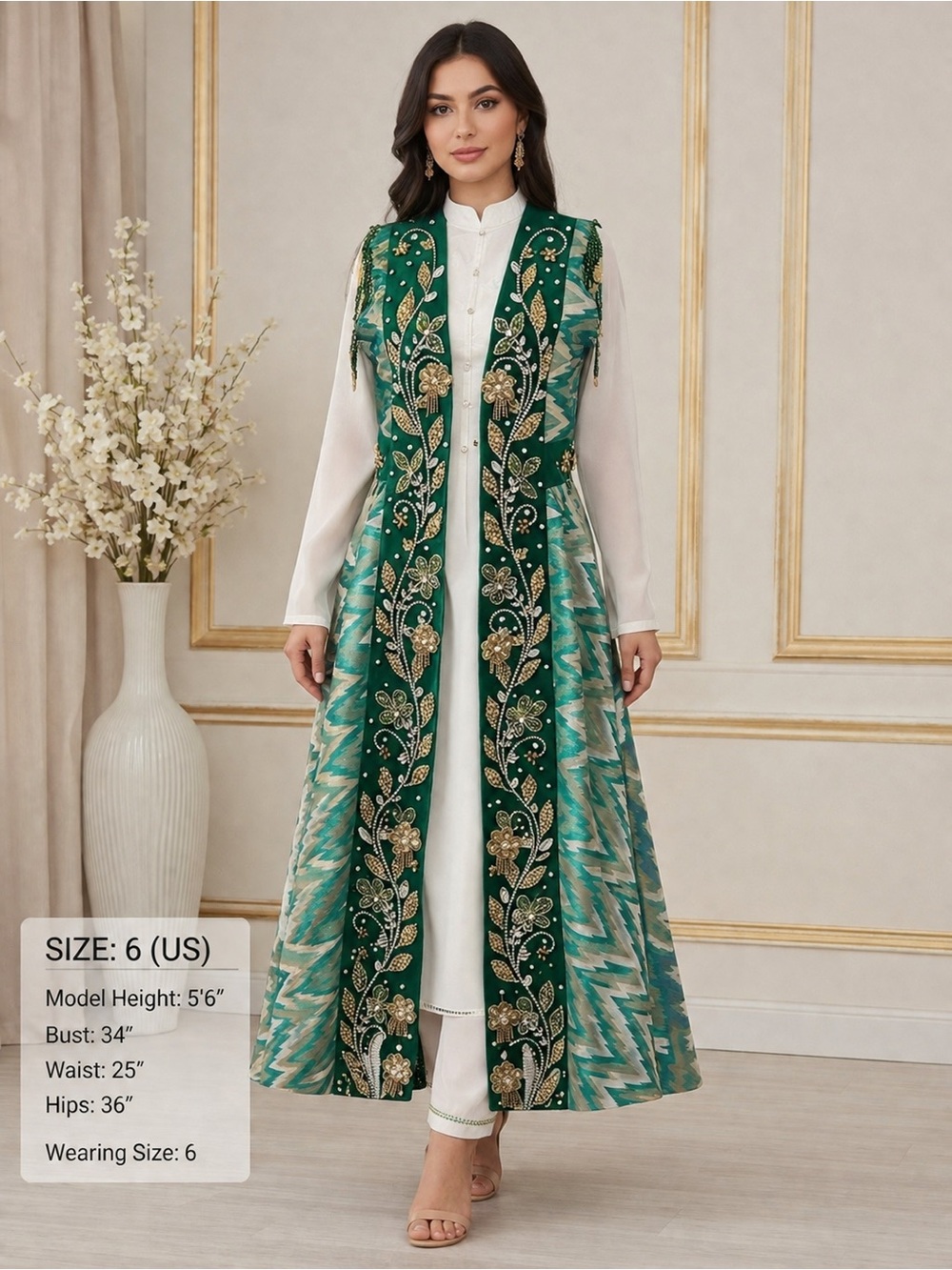 Turkish Embellished Green Vest with Gold beaded and rhinestones 3 pieces - Picture 4 of 17